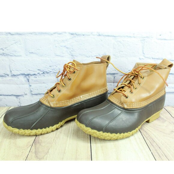 LL Bean Brown Leather Lace Up Round Toe Unlined Ankle Duck Boots Size 9 Wide - Picture 2 of 10